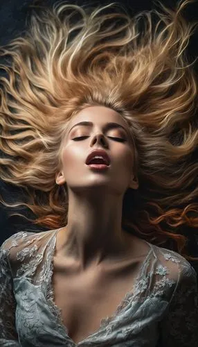 An ethereal and captivating portrait: A blonde woman with abundant, vibrant hair, her eyes closed, giving air kisses. Her vibrant locks, hiding one of her eyes, add mystery and sensuality. The dark ba
