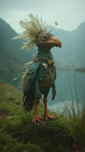 a weird creature in a costume stands on the side of a hill,haliaeetus,poussaint,landfowl,chakavian,gamefowl,koropeckyj,gryfino,fairy peacock,haliaetus,gallo,eurobird,rockerduck,avian,kulu,coq,featherl