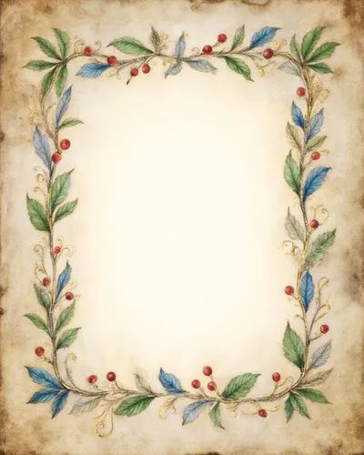 A thin vibrant hand-painted renaissance page featuring a central large space, bordered by a thin, intricate arrangements of aged paper leaves, berries, and ornate flourishes, creating a delicate, orga