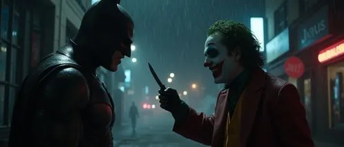 A dark Gotham alley, a rainy night. Batman emerges from the shadows, facing the Joker. The Joker is dressed as a clown, his signature grin on his face, twirling a knife on his fingertips, while Batman