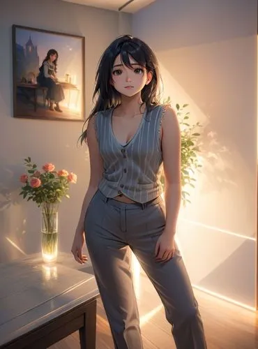 an anime full body of a young woman 22 years old with black hair, wearing a striped gray vest and gray pants. She stands in a modern living room with a table featuring a vase of roses. On the wall beh