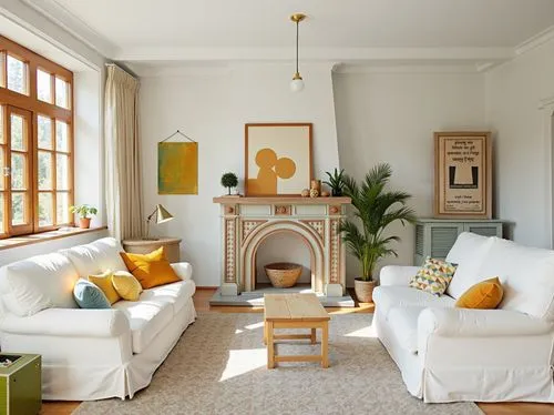 a living room with a white couch a fire place,sitting room,scandinavian style,living room,livingroom,interior decor,home interior,family room,contemporary decor,danish furniture,gold stucco frame,inte