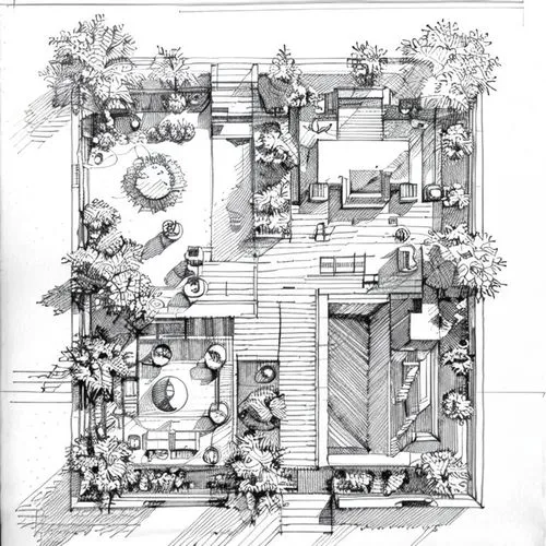 the layout of a garden plan with various furniture and trees,garden elevation,house drawing,architect plan,habitational,garden design sydney,cohousing