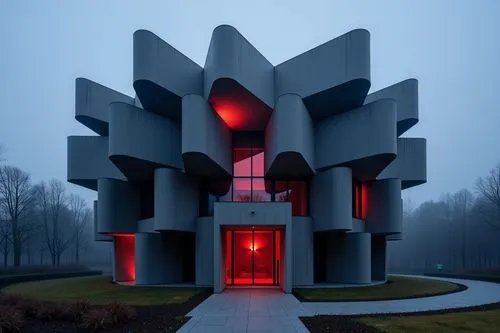Haunted house, Scary building, Scary-Looking Structures, red lignts, Envision structures that evoke an atmosphere of dread and mystery, buildings, dark, dangerous,,a modern gray building with a red li