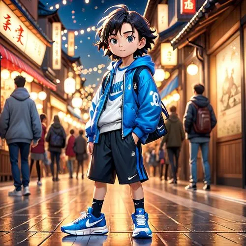 japanese style, manga, realistic,nike,a boy is wearing a blue jacket and blue sneakers,hiro,anime japanese clothing,himawari,sakka,manami,mineta,Anime,Anime,Cartoon