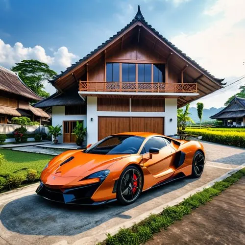 supercar in front of a simple village house with an Indonesian architect,mclaren automotive,luxury sports car,mclaren mp4-12c,supercar car,personal luxury car,luxury cars,mclaren,sportscar,sport car,l