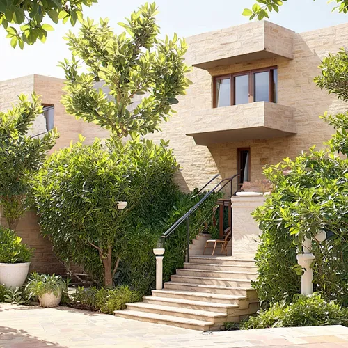 a classic courtyard villas, sustainable modern design in the middle eastern region,there are some steps in front of a building,kibbutzim,dunes house,private house,kibbutz,private estate,residential ho