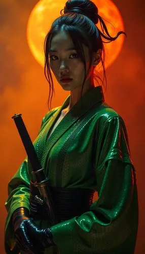 A captivating figure in a dramatic, atmospheric setting, showcasing intricate details of their outfit. The character wears a striking green attire with a snake-skin pattern, accentuated by glossy blac