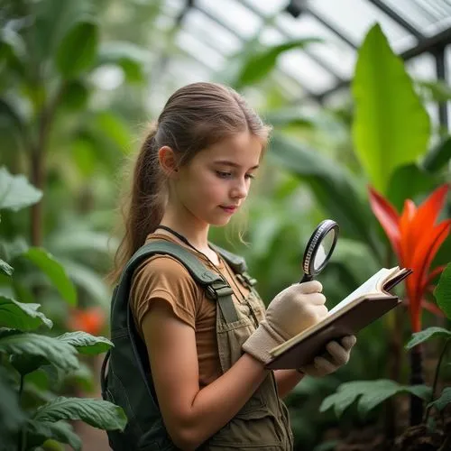 A teenage girl in a lush botanical greenhouse, examining vibrant tropical plants. She’s holding a small notebook and a magnifying glass, jotting down notes. Her outfit features earthy tones and a pair