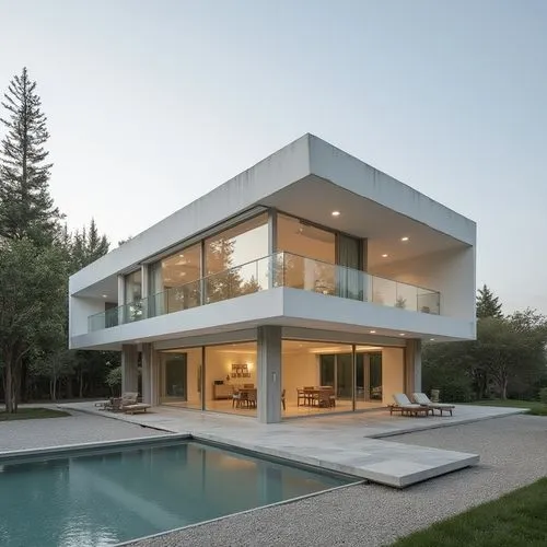  ,this modern home has large glass windows, a swimming pool, and concrete patio,modern house,modern architecture,pool house,beautiful home,dunes house,cube house