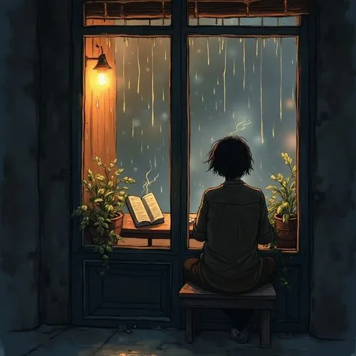 Draw a person sitting by a café window, reading a book or looking out the window. Add details like steam rising from a coffee cup under dim lighting or a window with rain running down it to create the
