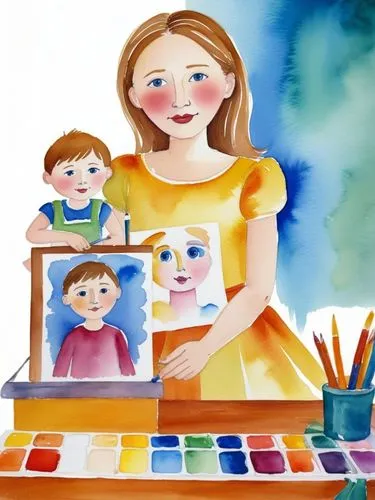 In a childlike, naive watercolor style, 7-year-old Marco paints his teacher, Miss Kaiser.,a woman and boy with painting supplies and colors on the table,watercolor painting,watercolor baby items,child