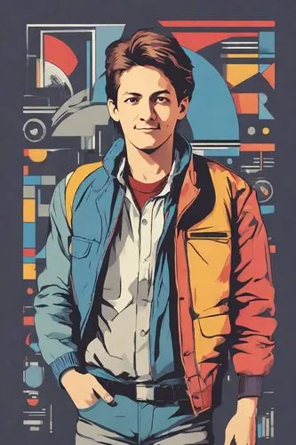 turn into marty mcfly, character from back to the future movie ,vector illustration,vector art,vector graphic,vector,jean jacket,vector design,80s,80's design,wpap,mechanic,vector image,solo,eleven,en