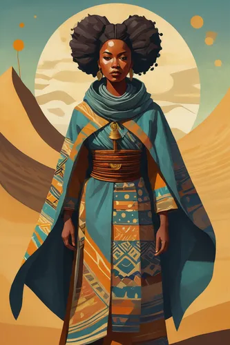 whimsical fantasy story book illustration of a dune-inspired cloaked african samurai lady with patterned clothing, symmetrical composition ::1 oil on canvas with expressive brush strokes and visible c