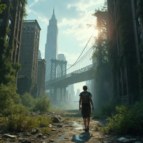 "New York City in a post-apocalyptic future, years after a devastating nuclear explosion. Iconic skyscrapers like the Empire State and the remains of the Brooklyn Bridge are covered with vines and tre