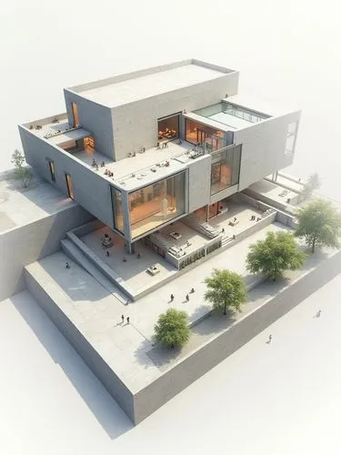 Design a rectangular, modernist art museum with a floating glass box structure. The building features exposed concrete walls, a central open courtyard, and cantilevered gallery spaces. Include:

A str