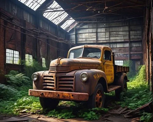 Northeastern-style architectural salvage, abandoned factory, old brick walls, rusty metal beams, wooden crates, vintage machinery, distressed finishes, peeling paint, faded advertisements, dimly lit, 