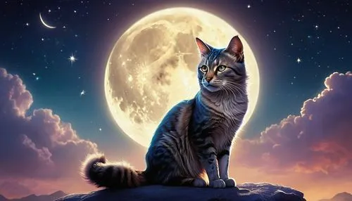 A mystical cat, sitting on a crescent moon, detailed whiskers, shimmering eyes, moonlight-colored fur, delicate nose ring, colorful tattoos on body, celestial-themed accessories, dreamy atmosphere, st