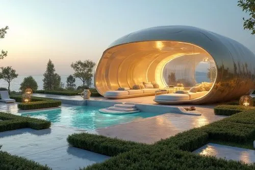 A futuristic, marine-inspired luxury pod shaped like a soft golden seashell with iridescent, bioluminescent accents, floating on the open ocean. Its smooth, organic exterior emits a gentle glow at nig