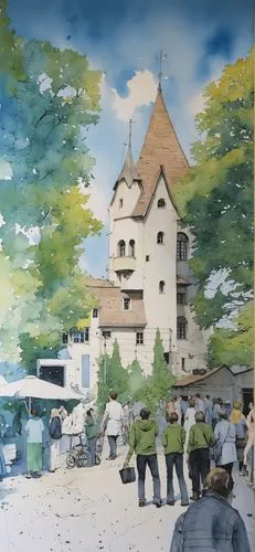 Transform this image into an expressive and gestural illustration in an ink and watercolor style. Use loose and irregular strokes with ink splatters. The architectural structure of the building must b