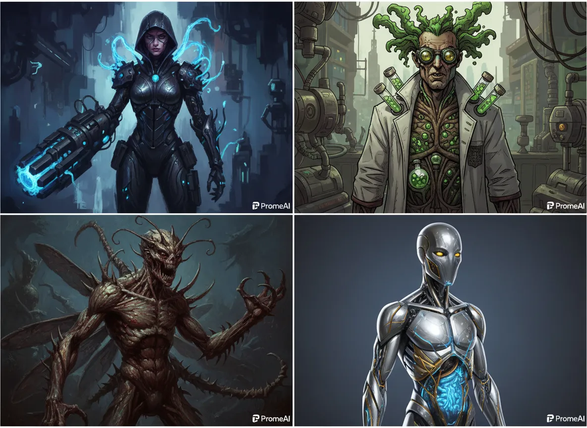 Ein Raster von vier verschiedenen, von PromeAI generierten Biopunk-Charakterkonzepten, das Stilvariationen zeigt.