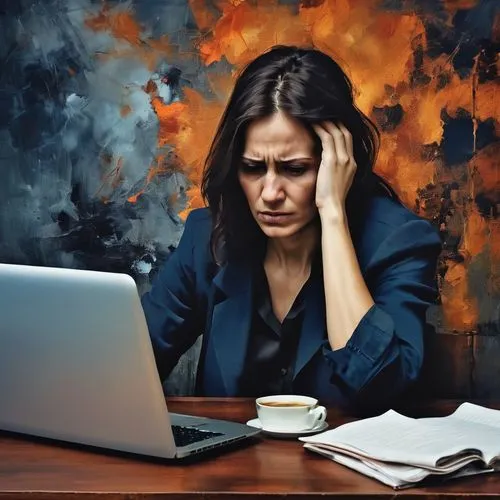 Loose, smudged, dark, abstract painting style of a 30-year-old woman with tired expression and with a laptop. Hands perfect,stressed woman,anxiety disorder,dysthymia,depressed woman,content writers,pr
