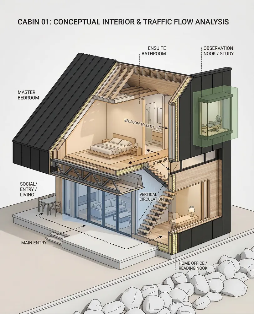 a house in the process of being cut out from below, with a diagram of its interior