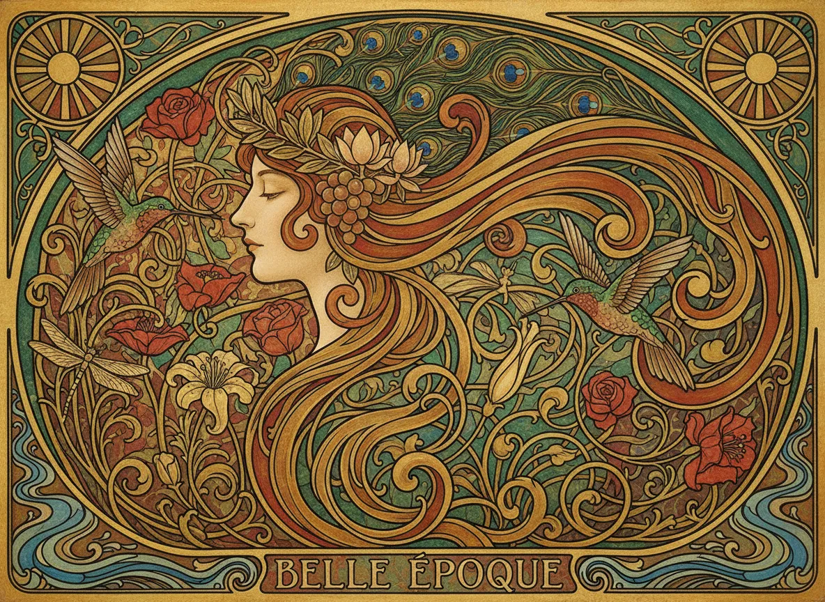 Un vivace design Art Nouveau con una ricca palette di colori ispirata alla natura, con verdi intensi, oro e rossi terrosi, che mostra l'estetica della Belle Époque.