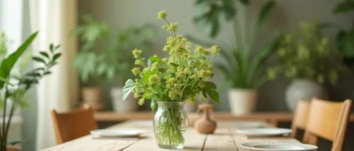 instagram style,beautifull desighn,beige,cream,green,many plants,blured background,details ,zoom on delicate green flowers in glass on dining table,tableware,green flowers in a vase on top of a wooden