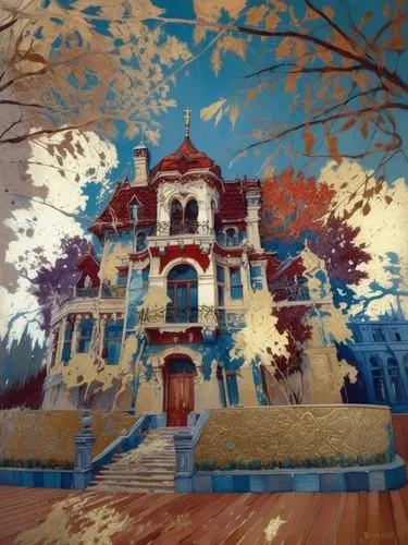 Особняк в неорусском стиле,a painting shows a painted building in the day time,facade painting,paper art,autumn frame,round autumn frame,tweed courthouse,glass painting