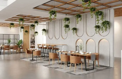 A 3d rendering of a modern cafe interior with a minimalist design. the image is a digital rendering, showing the interior design of the cafe with a focus on natural elements and textures. the cafe has