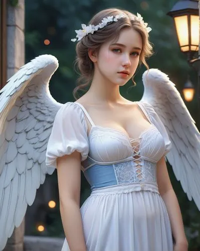 Create a photo realistic in William-Adolphe Bouguereau style of a beautiful adult female angel has a curved body, big plump breasts, white skin, natural blue eyes, and wearing simple lingerie. Realist