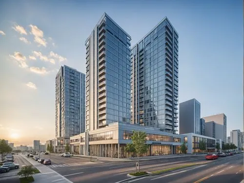residential architecture, high-rise residential tower, retail stores on first two levels, photorealistic, Hasselblad XD1,two tall buildings near one another on the street,capitaland,zorlu,damac,missis