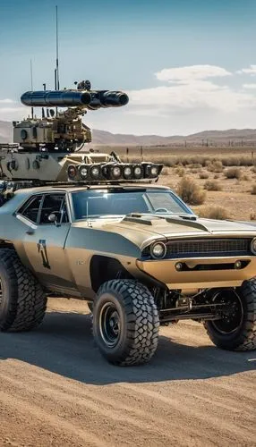 batcar wit canon,this is an image of a big car in the desert,mad max,open hunting car,dodge charger,muscle car,off-road outlaw,sheriff car,off-road car,desert safari,convoy,gunrunner,general lee,all-t