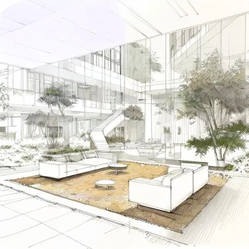 dibujo de interior moderno de area de estar con mobiliario, vegetacion ,a pen drawing of a living room, showing several couches,parametrically,renders,landscape plan,landscaped,core renovation,redevel