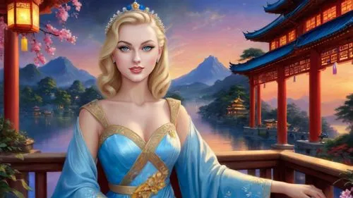 Romantic masterpiece oil painting, cute princess empress girl portrait, nostalgic 1950's style kitsch, breathtaking beautiful oriental kingdom, majestic fantasy Japanese scenery, Ancient Chinese empir