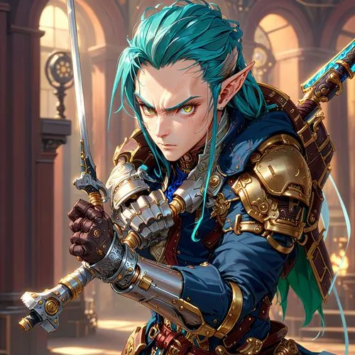 a elf steampunk warrior, iron arm, 2 sword,male elf,vax figure,male character,sterntaler,dane axe,elf,massively multiplayer online role-playing game,wood elf,link,alm,rein,leo,game illustration,elven,