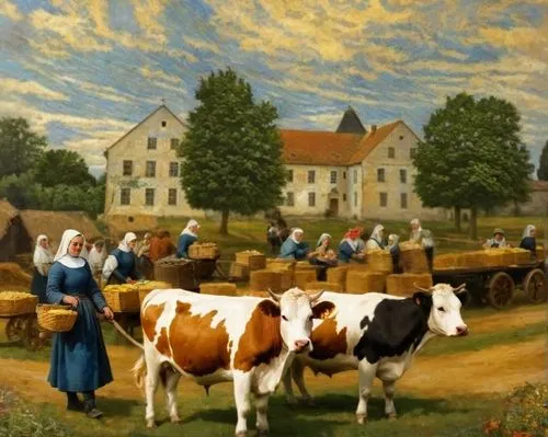 cows in the foreground,agricultural scene,holsteiners,boteler,oxen,straw carts,village scene,straw cart,holstein,cheesemakers,agriculture,farm landscape,ploughing,agriculturalists,the production of th