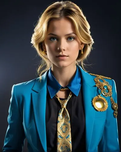 An enigmatic digital illustration: A youthful woman wears a vibrant blue jacket with gold accents, standing amidst a dark gray backdrop. Her face is enhanced by a vibrant gold necklace and a matching 
