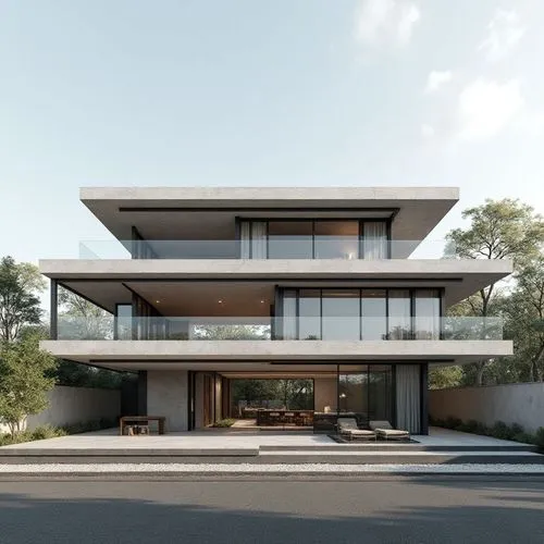 Exactly THREE full visible floors, identical floor heights, never generate a two-story villa. Timeless contemporary minimalist villa with strong horizontal composition, two interlocking horizontal vol