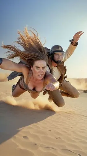 the man and woman are in mid air with their hair blowing behind them,flying carpet,travel insurance,flying girl,leap for joy,leapfrogged,girl upside down,exhilaration,girl on the dune,tandem jump,exhi