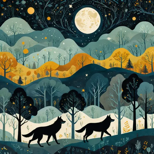 An atmospheric illustration of wolves patrolling their territory under a starry night sky, rich details, High quality, 16K.,forest animals,woodland animals,deer illustration,wolves,two wolves,dog illu
