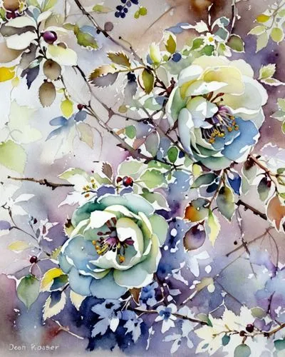 Белый шиповник,a watercolor painting of some flowers on a tree,watercolor flowers,flower painting,watercolor wreath,watercolor floral background,watercolor flower,watercolor roses