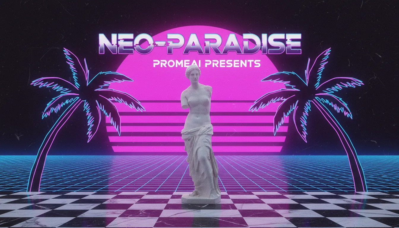Ein hochwertiges Vaporwave-Poster, erstellt mit PromeAI, das eine Marmorstatue vor einem Neon-Raster-Sonnenuntergang und Palmen zeigt.