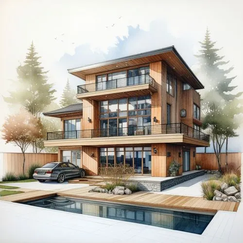 Modern two-story villa with pool and car