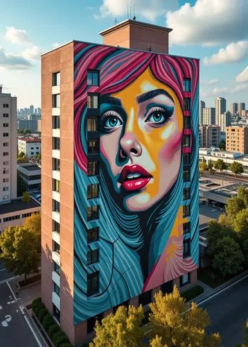 a very high rise building with a painting of a woman,graffiti art,muralist,urban art,mural,public art,urban street art,cool pop art,apartment block,street art,muralists,sky apartment,wall art,street a