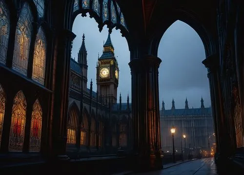 Gothic, grand, intricate glave, Victorian-era inspired, ornate carvings, pointed arches, ribbed vaults, flying buttresses, stained glass windows, majestic entrance, heavy wooden doors, iron hinges, my