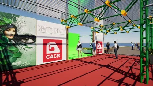 woman ,a red carpet with a green cover under a canopy and various people standing on the side of the floor,kiosk,construction area,catwalk