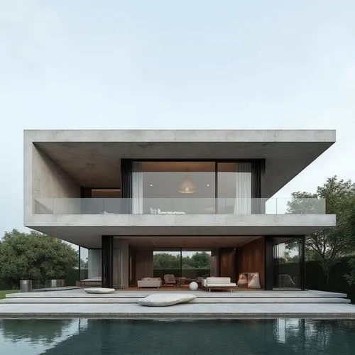 Exactly three full visible floors with identical floor-to-floor heights. Timeless contemporary minimalist villa with a disciplined horizontal composition, calm geometry, refined proportions and elegan