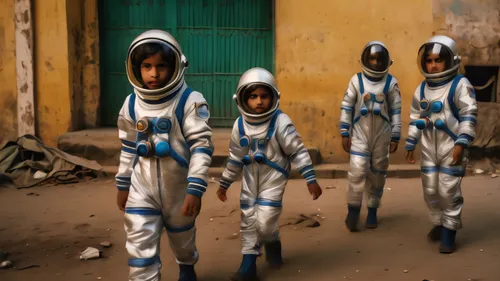 futuristic children playing in the heat of summer wearing spacesuits in mumbai, in the style of the photography book “The Suffering of Light” by photographer Alex Webb. Master photo with excellent lig